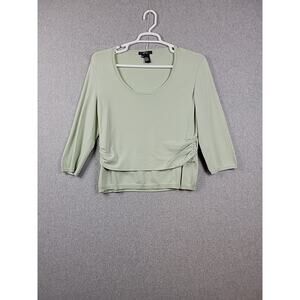 Per Se Silk Blend Green LS Gathered Scoop Neck Blouse Women's Plus XXL